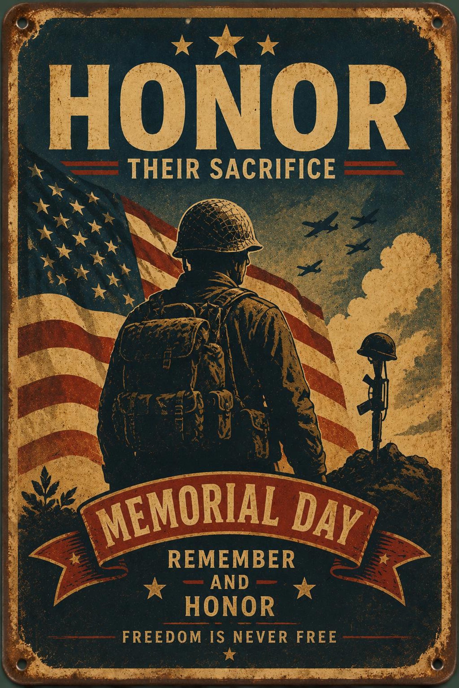 Memorial Day Metal Tin Sign, Vintage Military Wall Decor, Patriotic Soldier Art