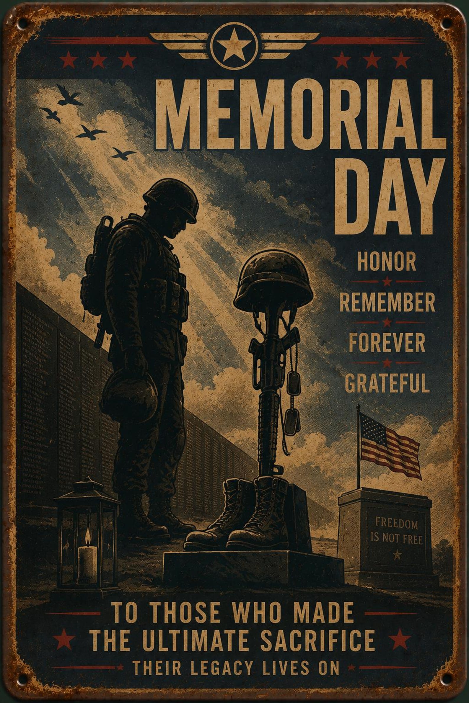 Memorial Day Metal Tin Sign, Vintage Military Wall Decor, Patriotic Soldier Art