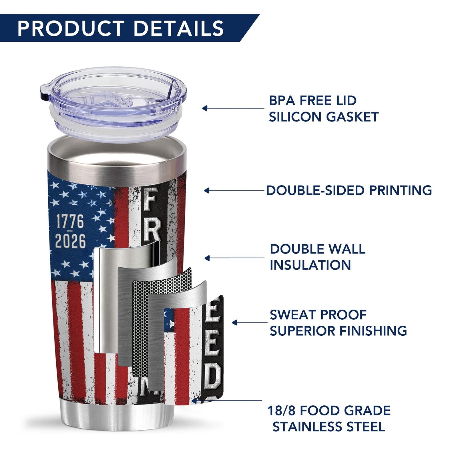 250th Anniversary USA Tumbler, Patriotic Stainless Steel Insulated Cup