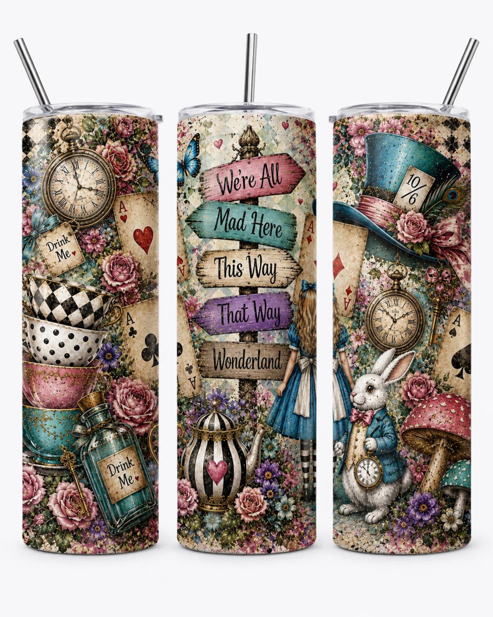 Wonderland 20 oz Skinny Tumbler, Alice Inspired Gift Cup with Lid and Straw