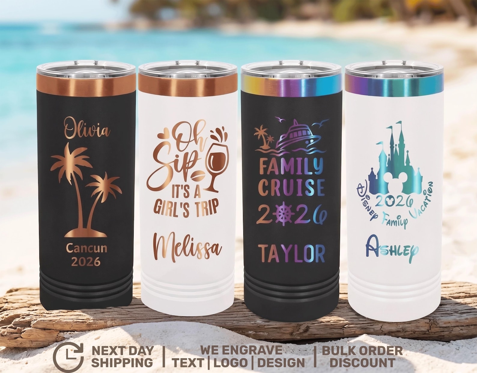 Personalized Vacation Tumbler, Custom Beach Trip Skinny Tumbler 22oz, Girls Trip Cup with Name, Matching Cruise Cup, Bachelorette Gift