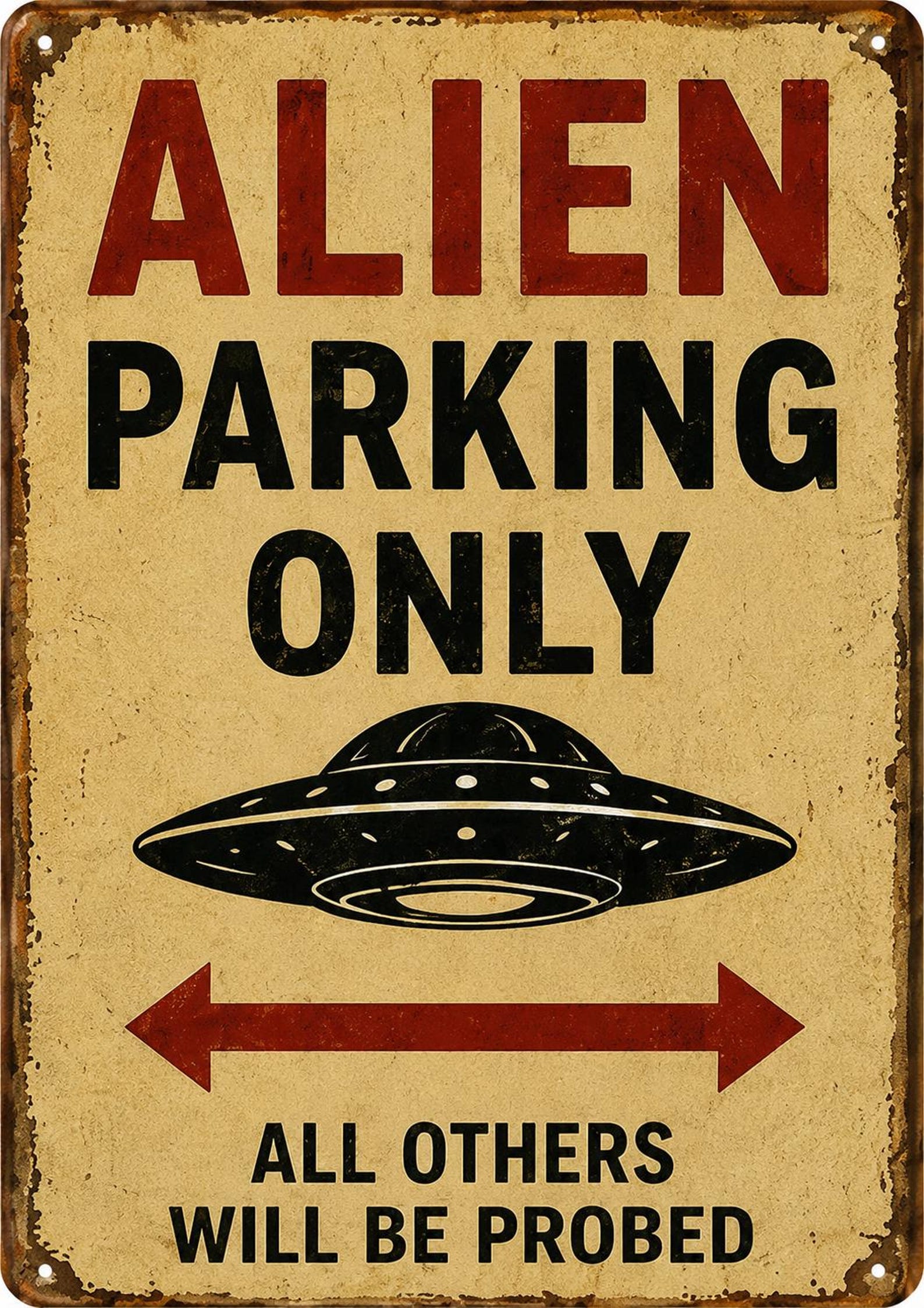 Retro UFO Tin Sign, Funny Alien Wall Decor, Vintage Sci-Fi Poster, Customizable Metal Plaque