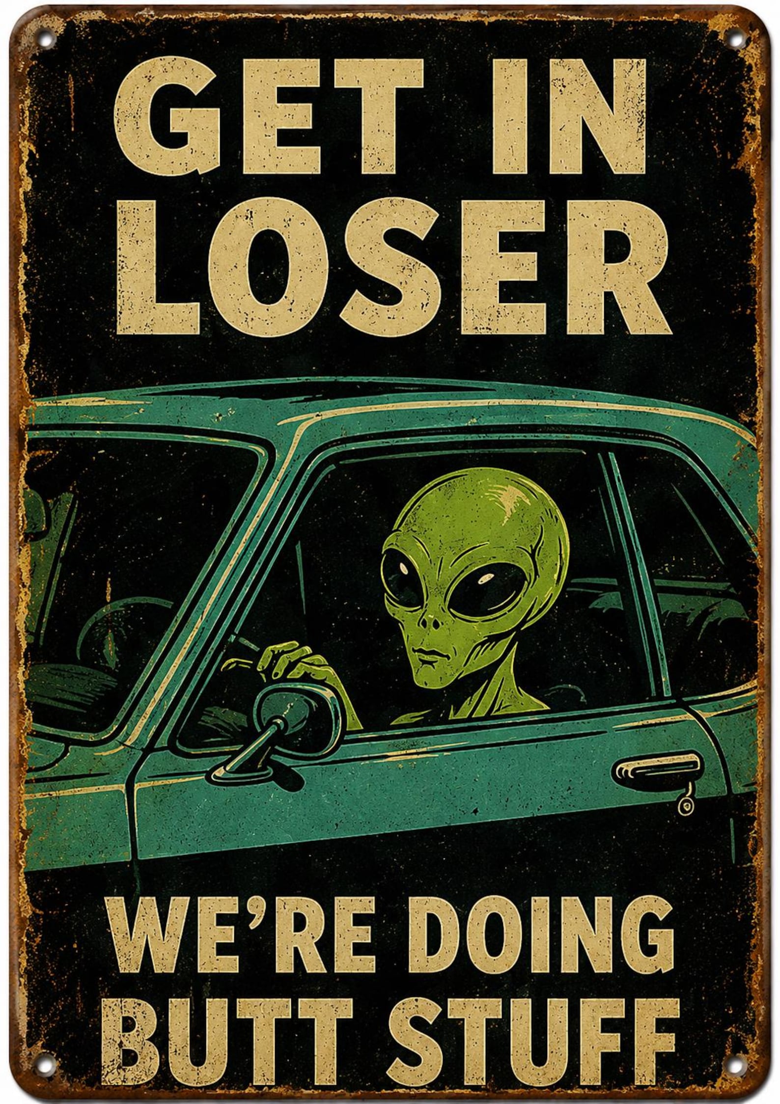 Retro UFO Tin Sign, Funny Alien Wall Decor, Vintage Sci-Fi Poster, Customizable Metal Plaque