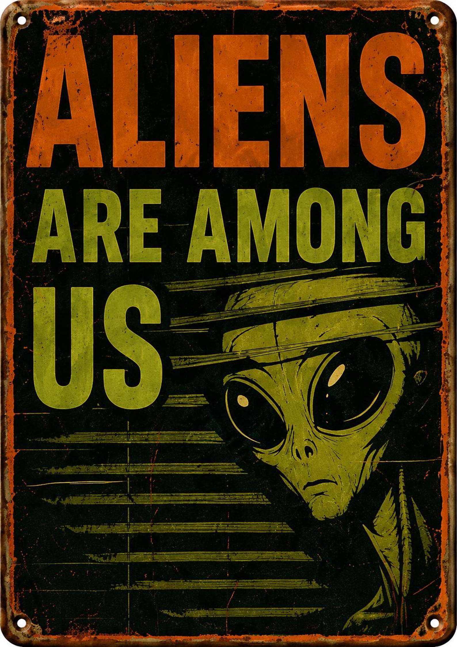 Retro UFO Tin Sign, Funny Alien Wall Decor, Vintage Sci-Fi Poster, Customizable Metal Plaque