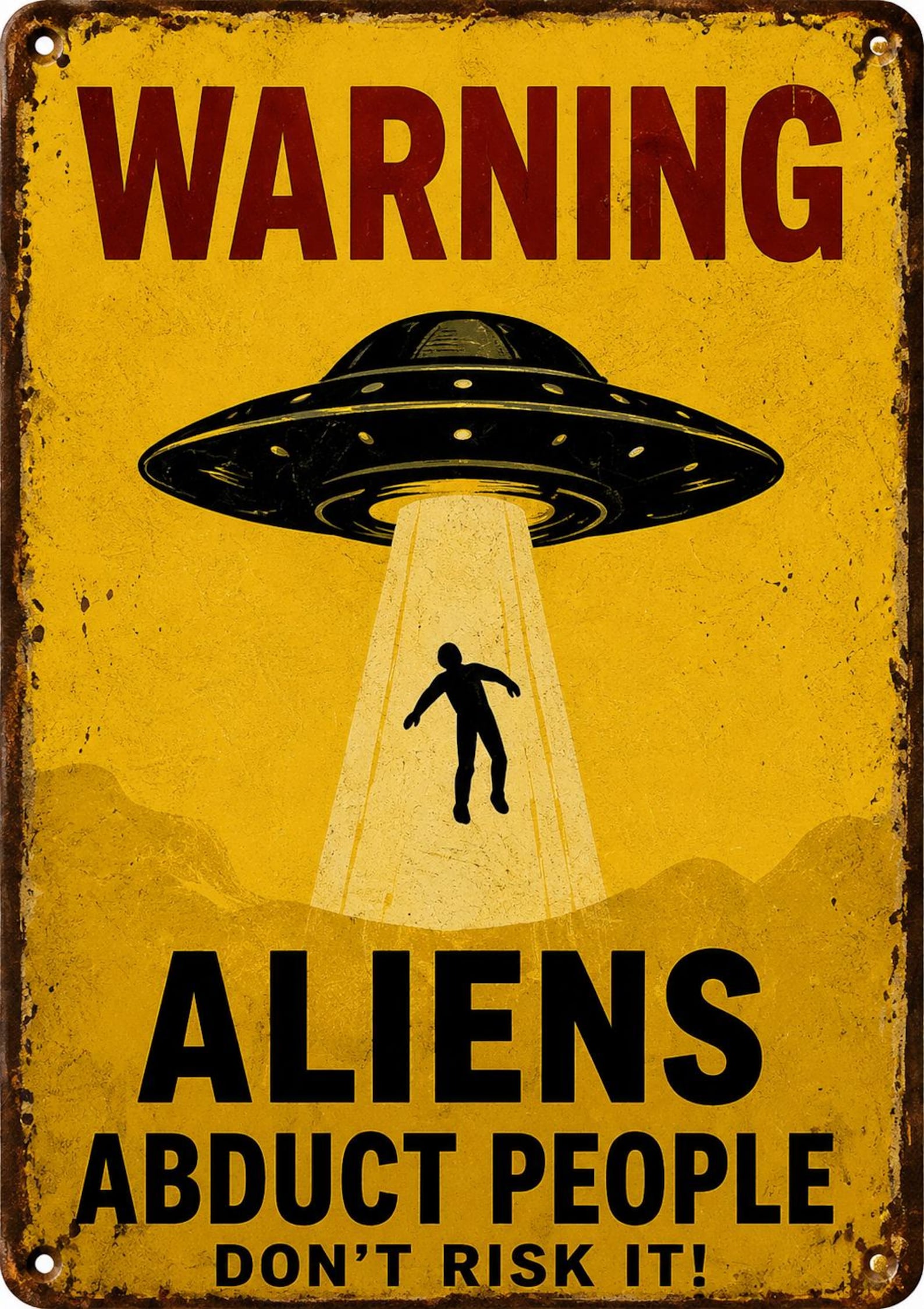 Retro UFO Tin Sign, Funny Alien Wall Decor, Vintage Sci-Fi Poster, Customizable Metal Plaque