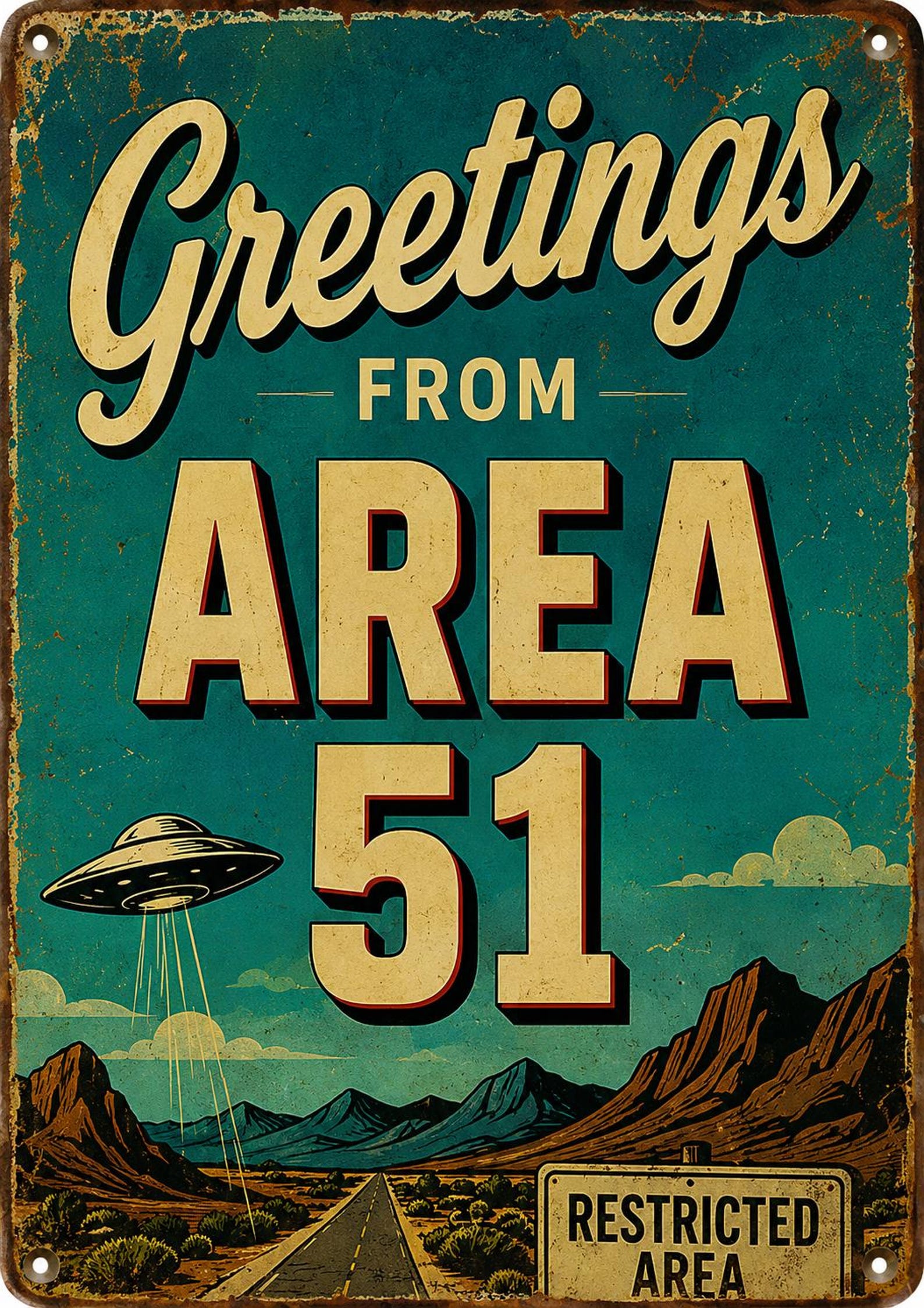 Retro UFO Tin Sign, Funny Alien Wall Decor, Vintage Sci-Fi Poster, Customizable Metal Plaque