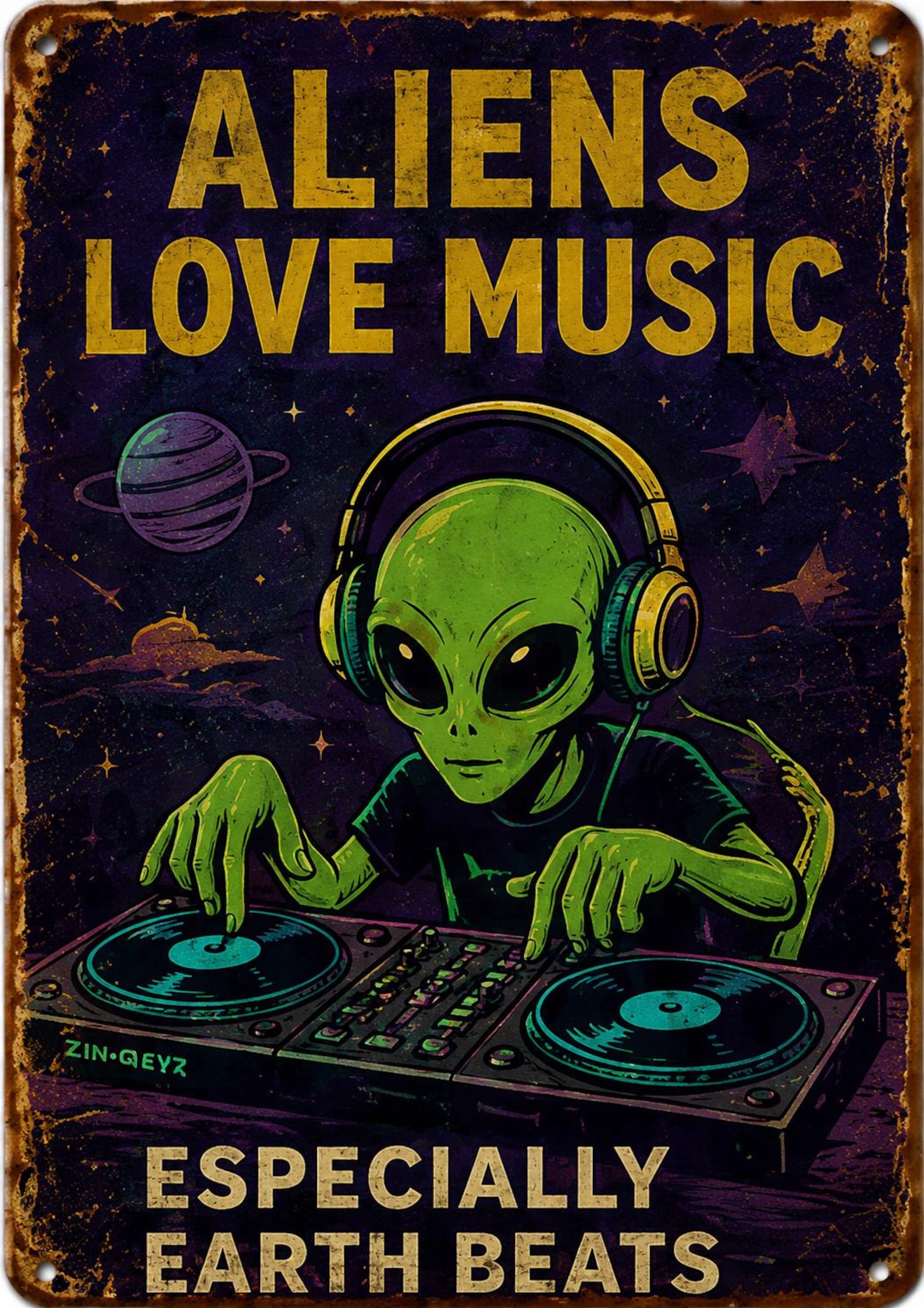 Retro Alien Abduction Tin Sign, UFO Sci-Fi Wall Art, Vintage Metal Decor