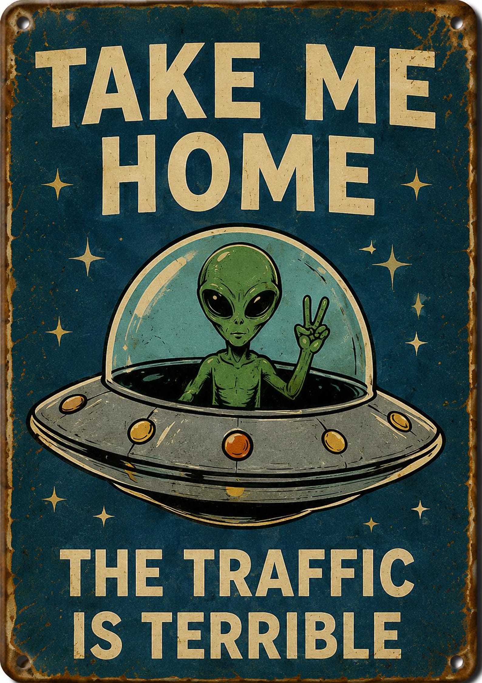 Retro Alien Abduction Tin Sign, UFO Sci-Fi Wall Art, Vintage Metal Decor
