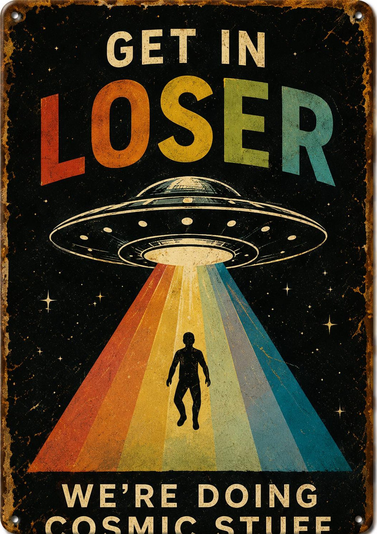 Retro Alien Abduction Tin Sign, UFO Sci-Fi Wall Art, Vintage Metal Decor