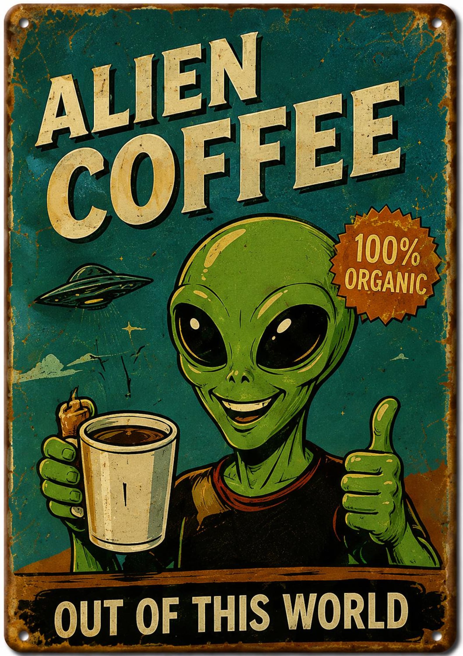 Retro Alien Abduction Tin Sign, UFO Sci-Fi Wall Art, Vintage Metal Decor