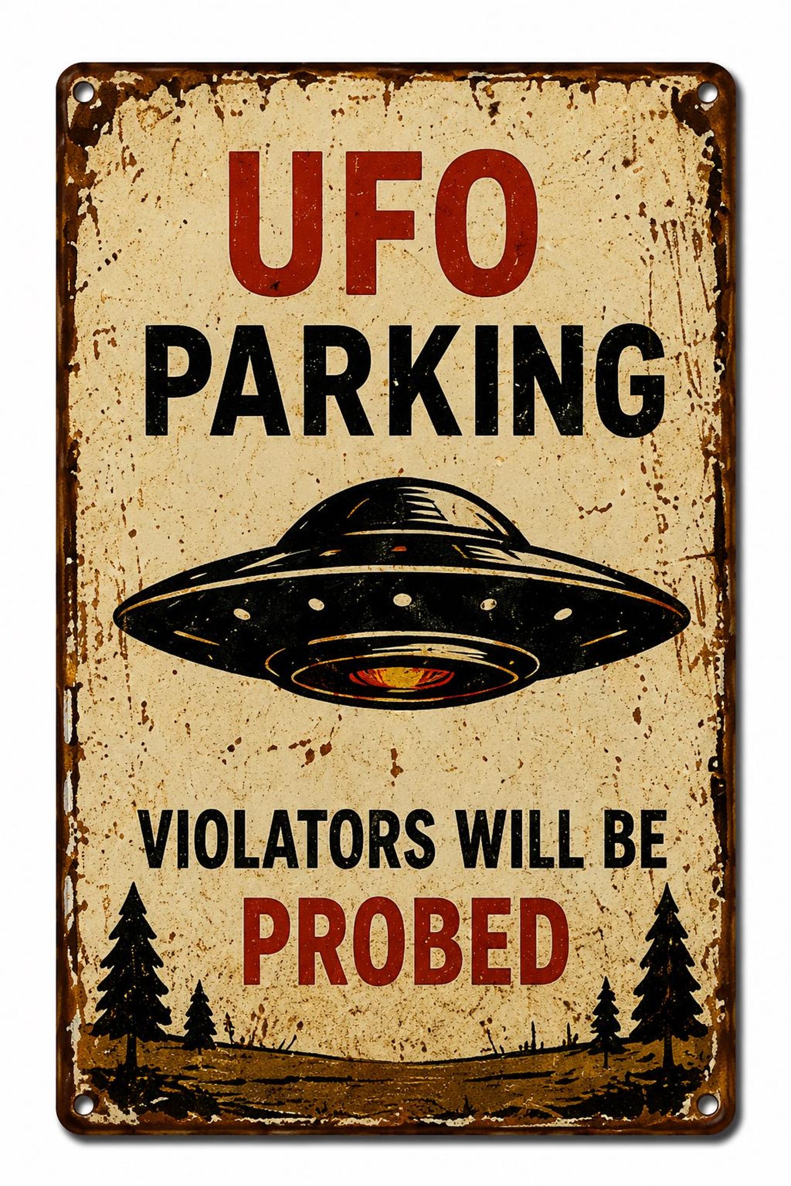 Retro UFO Parking Tin Sign, Alien Wall Decor, Sci-Fi Metal Poster, Man Cave Bar