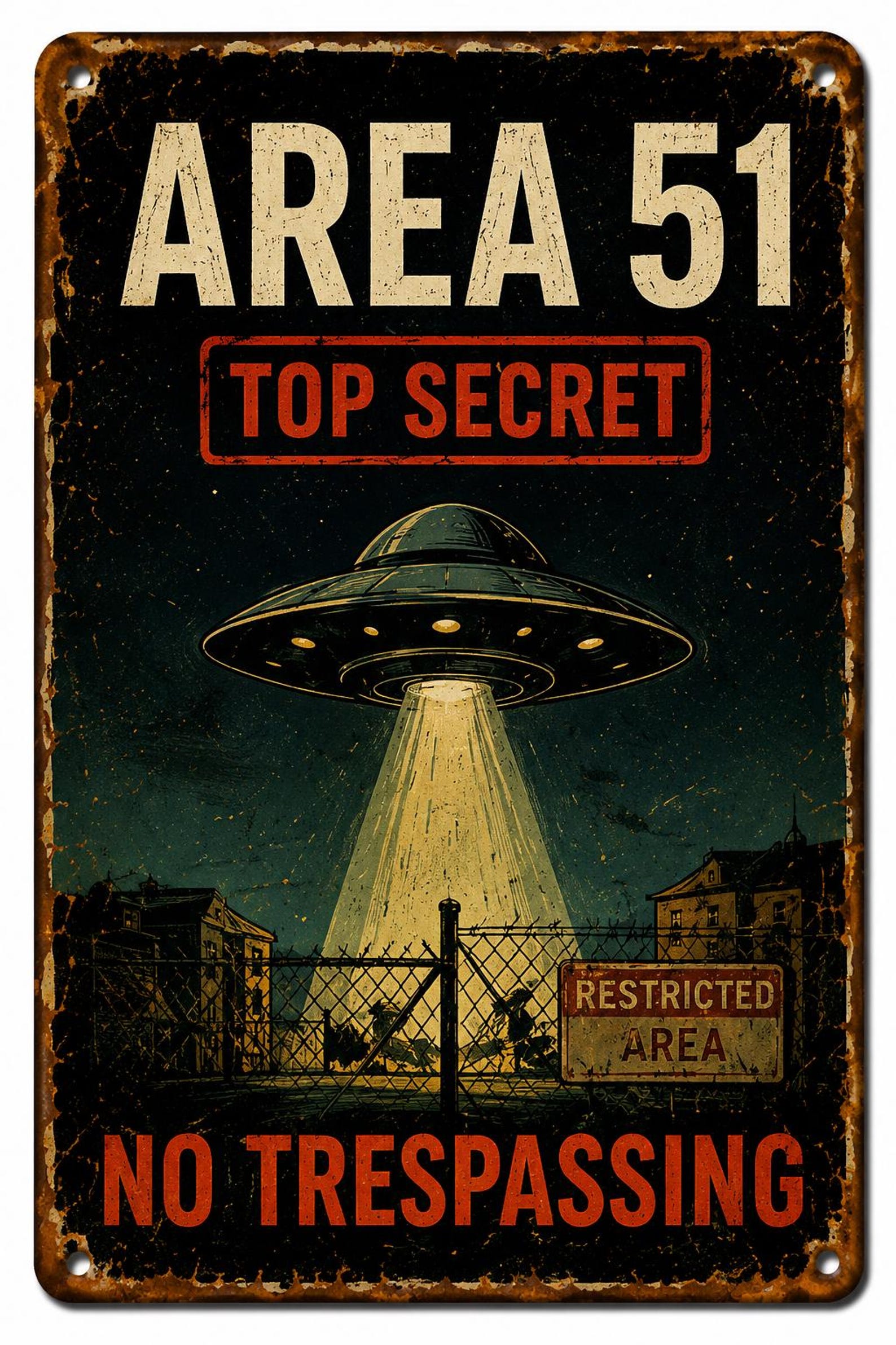 12PCS Retro UFO Metal Signs – Vintage Alien Area 51 Wall Decor