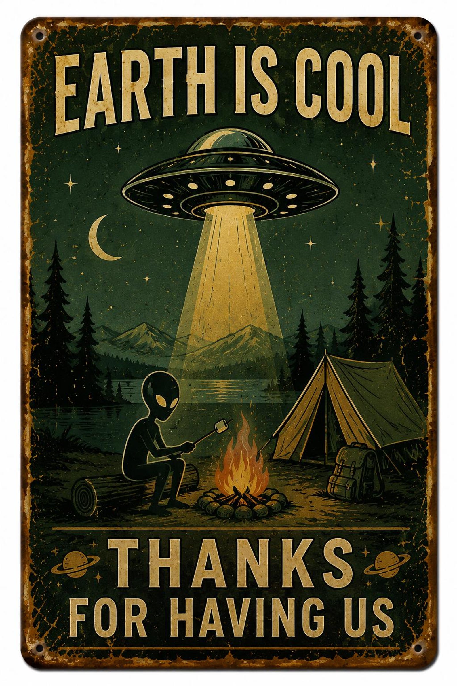 12PCS Retro UFO Metal Signs – Vintage Alien Area 51 Wall Decor