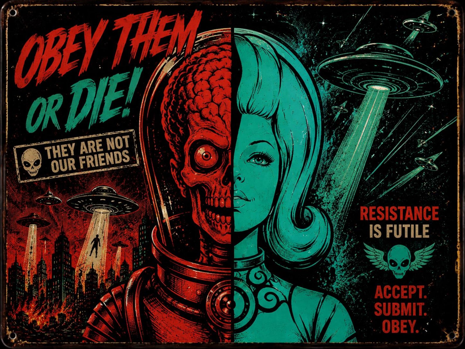 Retro Alien Invasion Metal Sign – "Obey Them Or Die" UFO Wall Decor