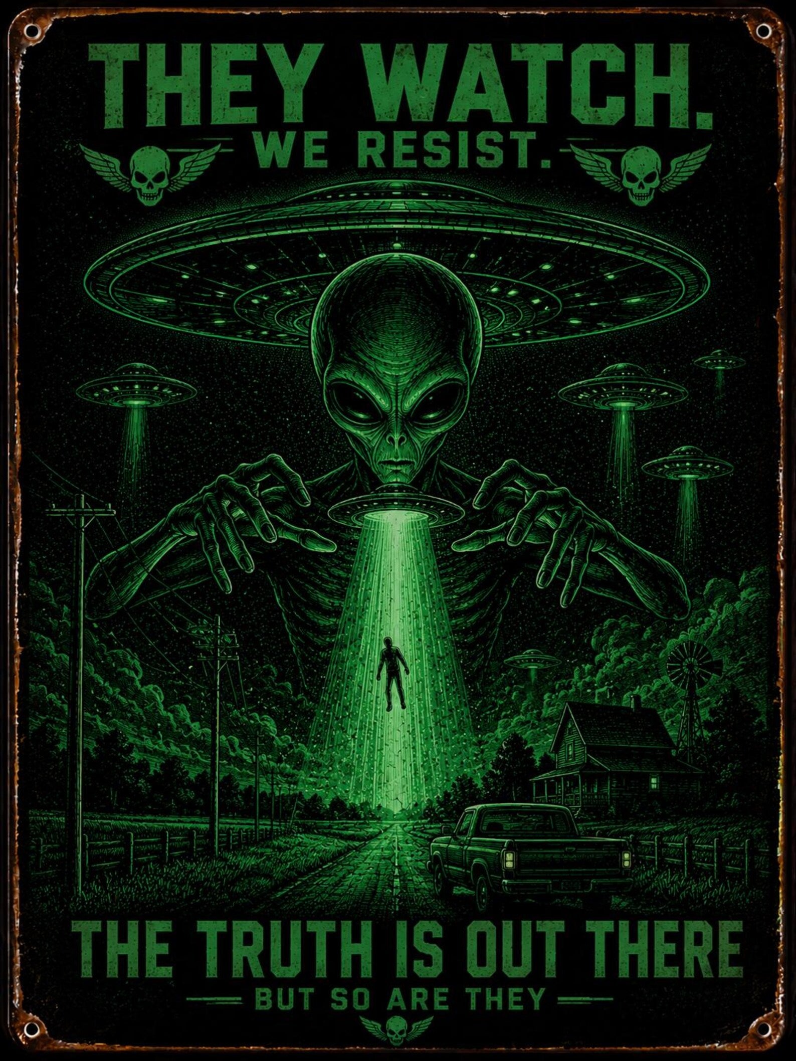 Retro Alien Invasion Metal Sign – "Obey Them Or Die" UFO Wall Decor