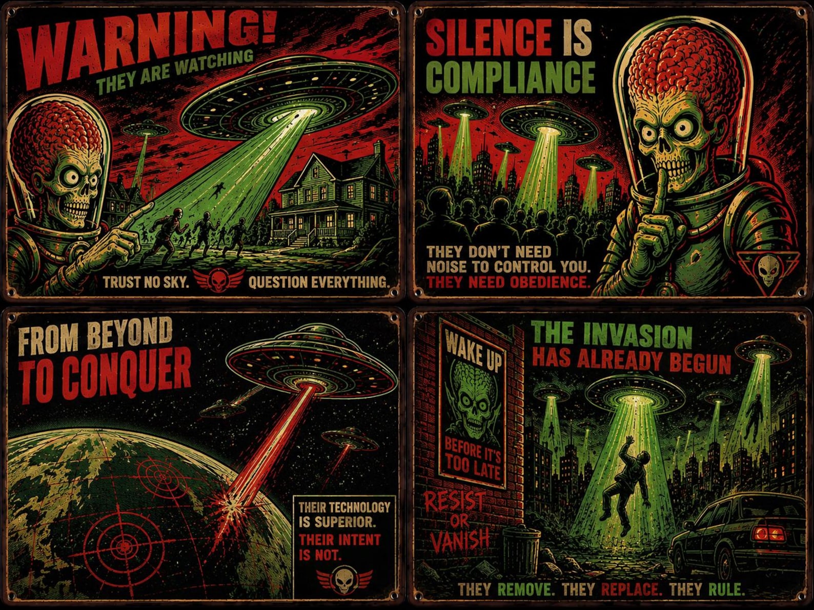 Retro Alien Invasion Metal Sign – "Obey Them Or Die" UFO Wall Decor