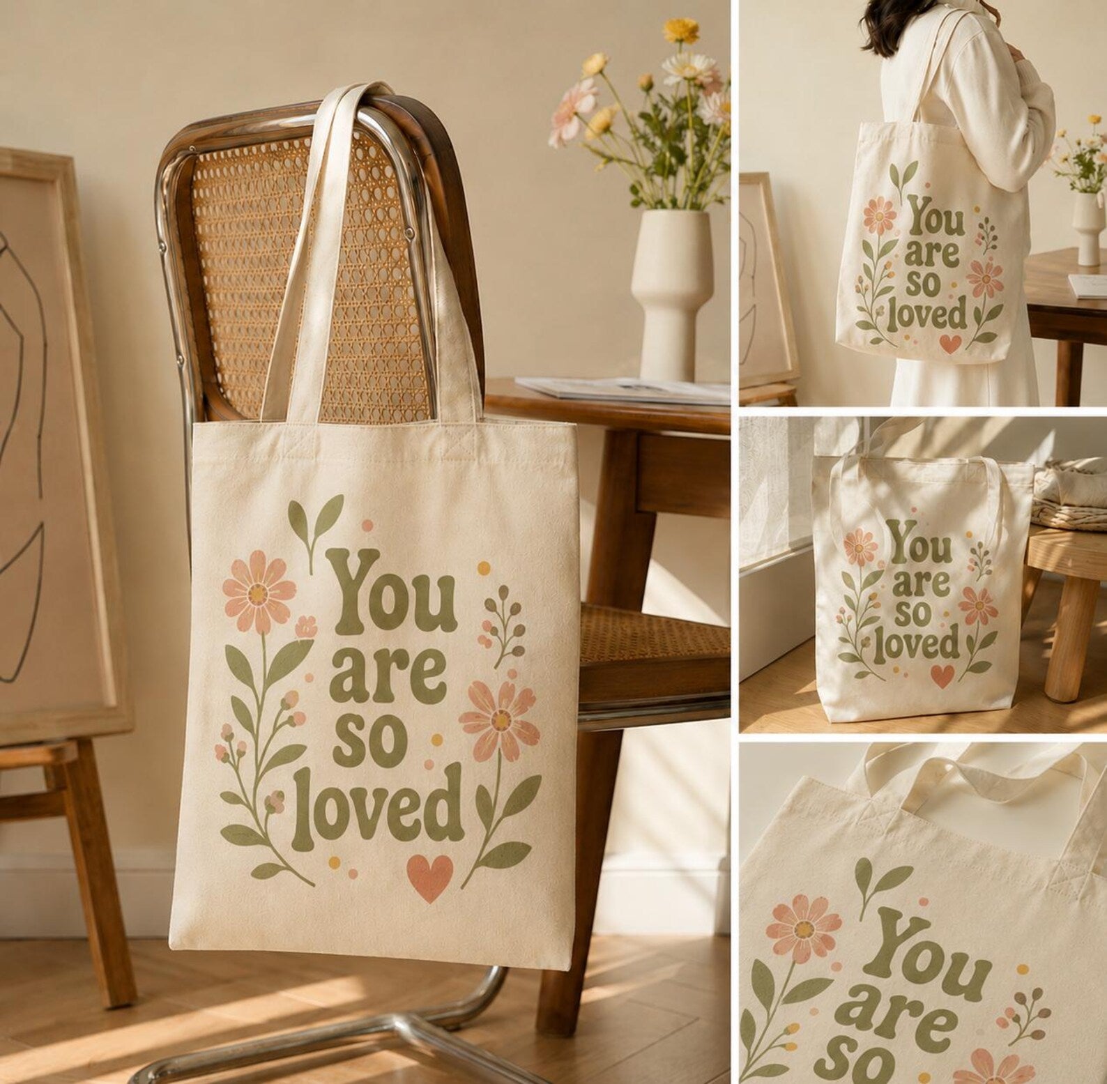 Floral Canvas Tote Bag, Botanical Cottagecore Reusable Shopping Bag