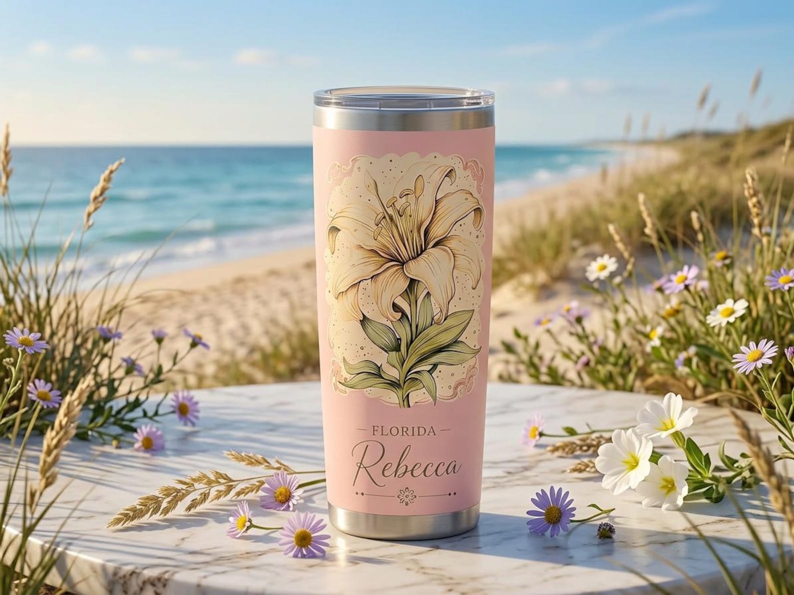 Personalized Floral Stainless Steel Tumbler, Custom Name Travel Mug, Botanical Flower Cup