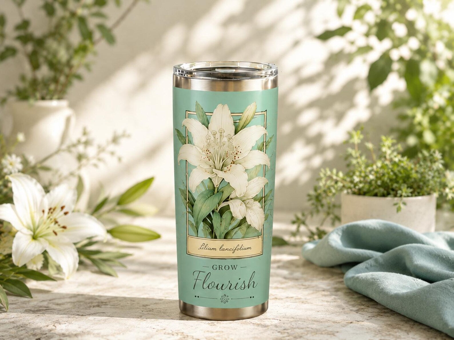 Personalized Floral Stainless Steel Tumbler, Custom Name Travel Mug, Botanical Flower Cup