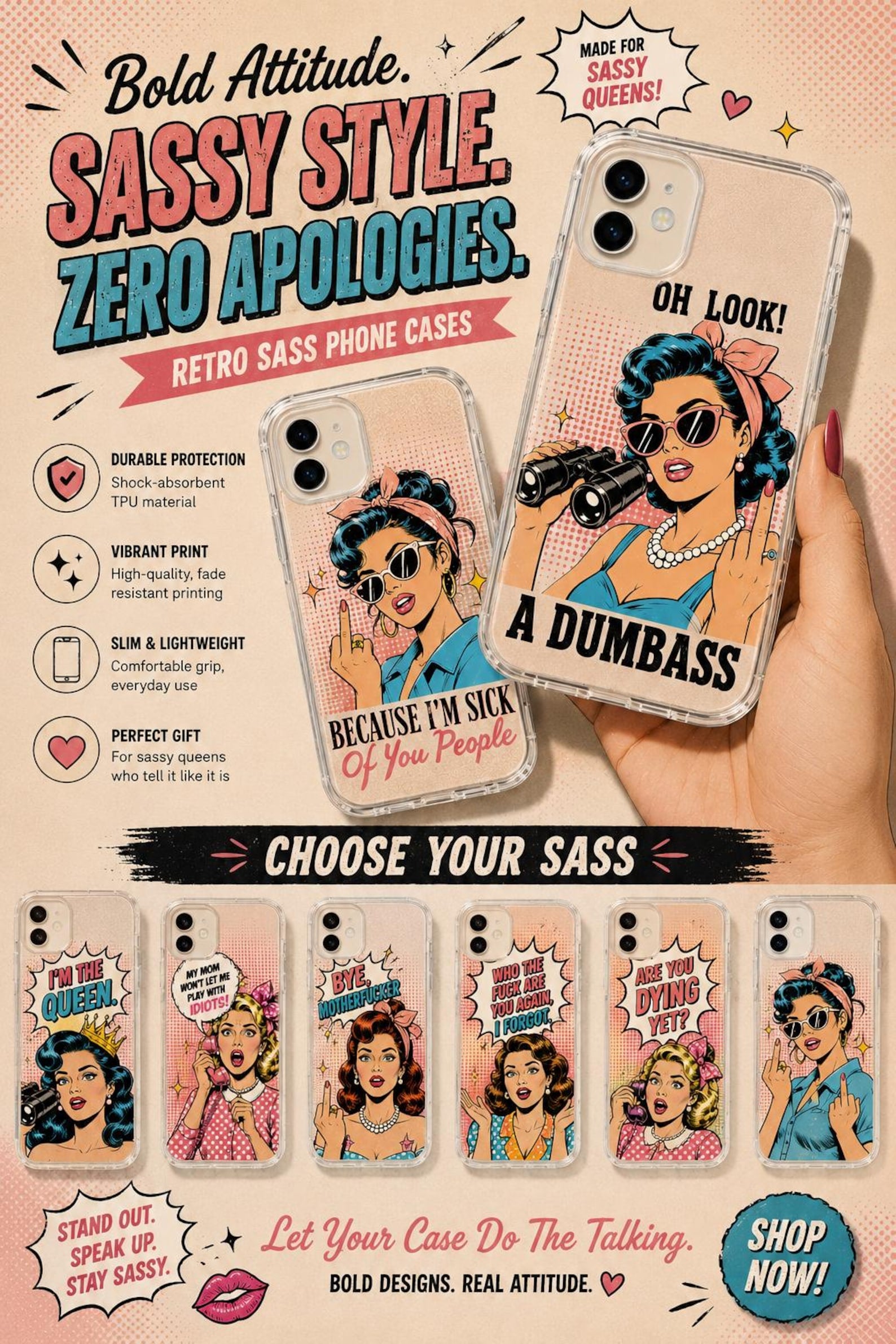 Retro Pop Art iPhone 17 Pro Max Case, Sassy Comic Girl Y2K TPU Cover