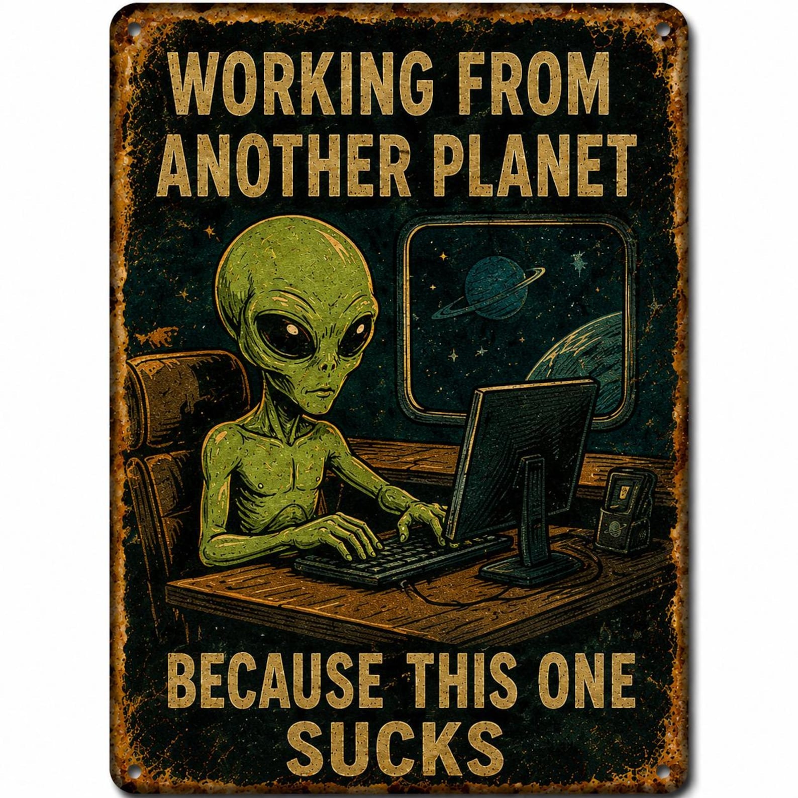 Retro Alien Metal Sign | Funny Sarcastic UFO Wall Art (Digital Download)