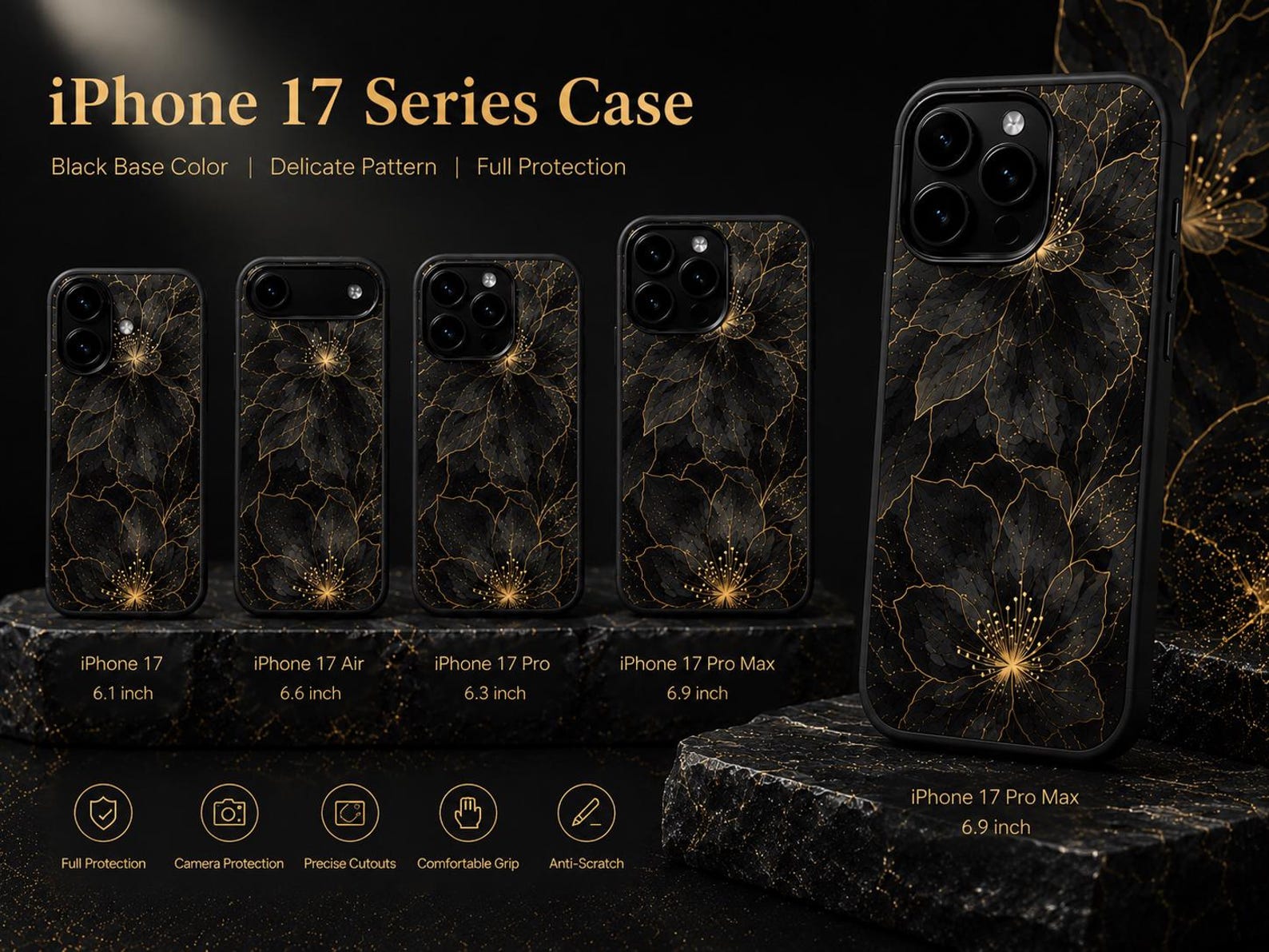Floral iPhone 17 Series Case – Black Gold Botanical Protective Cover