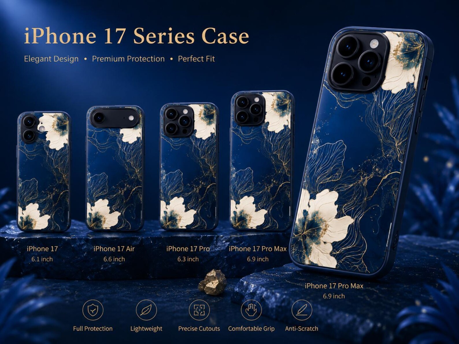 Floral iPhone 17 Series Case – Black Gold Botanical Protective Cover