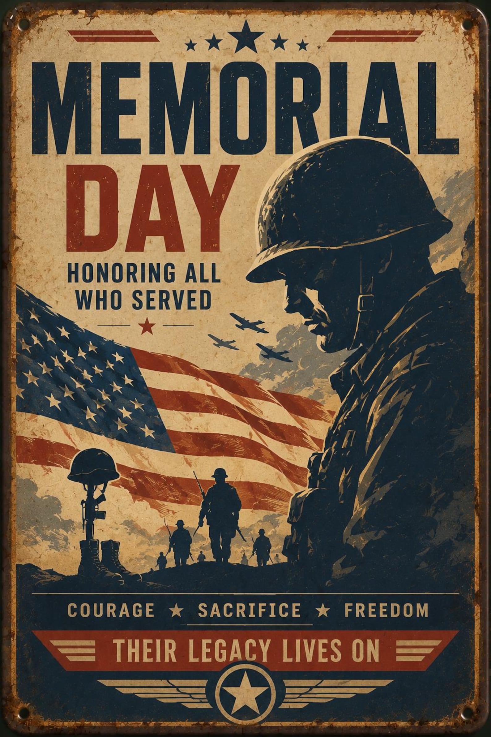 Memorial Day Metal Tin Sign, Vintage Military Wall Decor, Patriotic Soldier Art