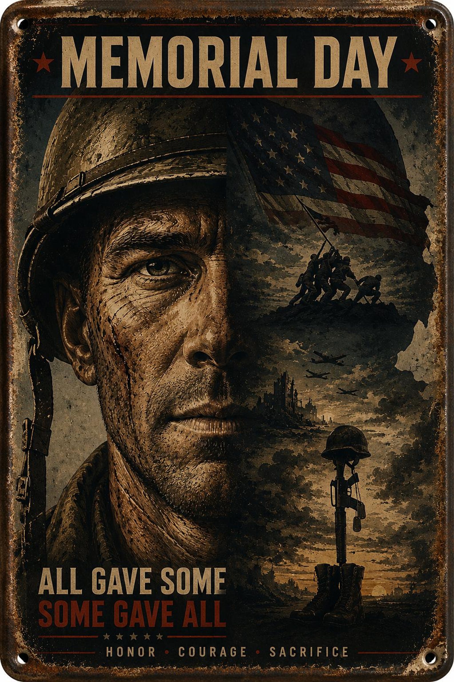 Memorial Day Metal Tin Sign, Vintage Military Wall Decor, Patriotic Soldier Art