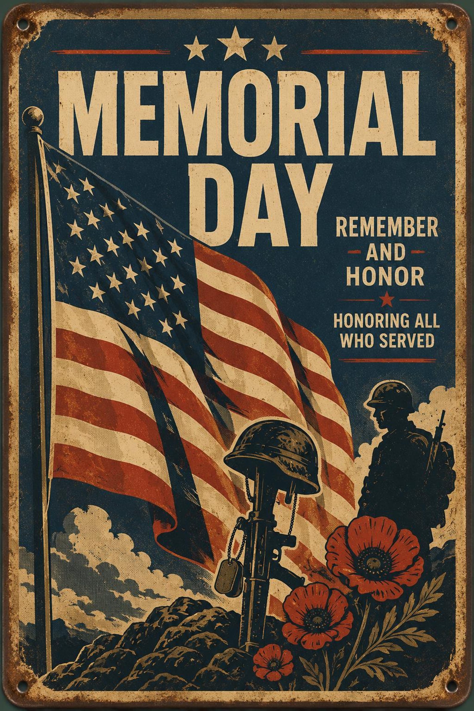 Memorial Day Metal Tin Sign, Vintage Military Wall Decor, Patriotic Soldier Art
