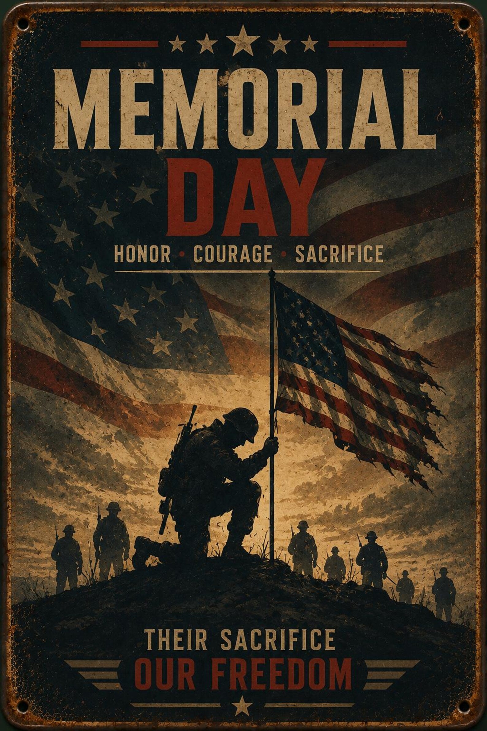Memorial Day Metal Tin Sign, Vintage Military Wall Decor, Patriotic Soldier Art