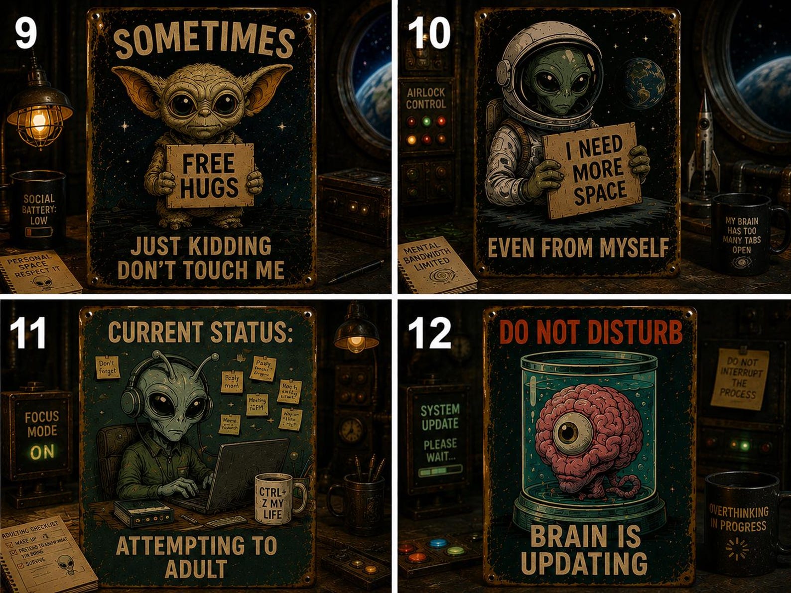 Funny Alien Coffee Metal Sign, Retro Space Wall Decor (8x12 Inch)