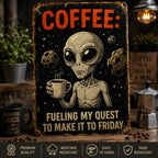 Funny Alien Coffee Metal Sign, Retro Space Wall Decor (8x12 Inch)