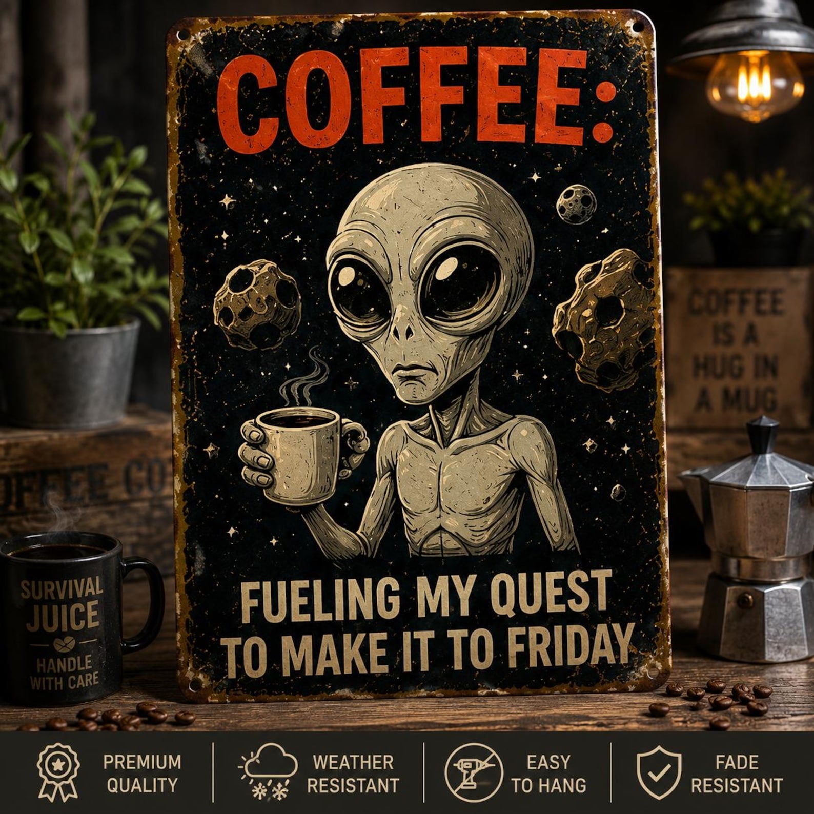Funny Alien Coffee Metal Sign, Retro Space Wall Decor (8x12 Inch)