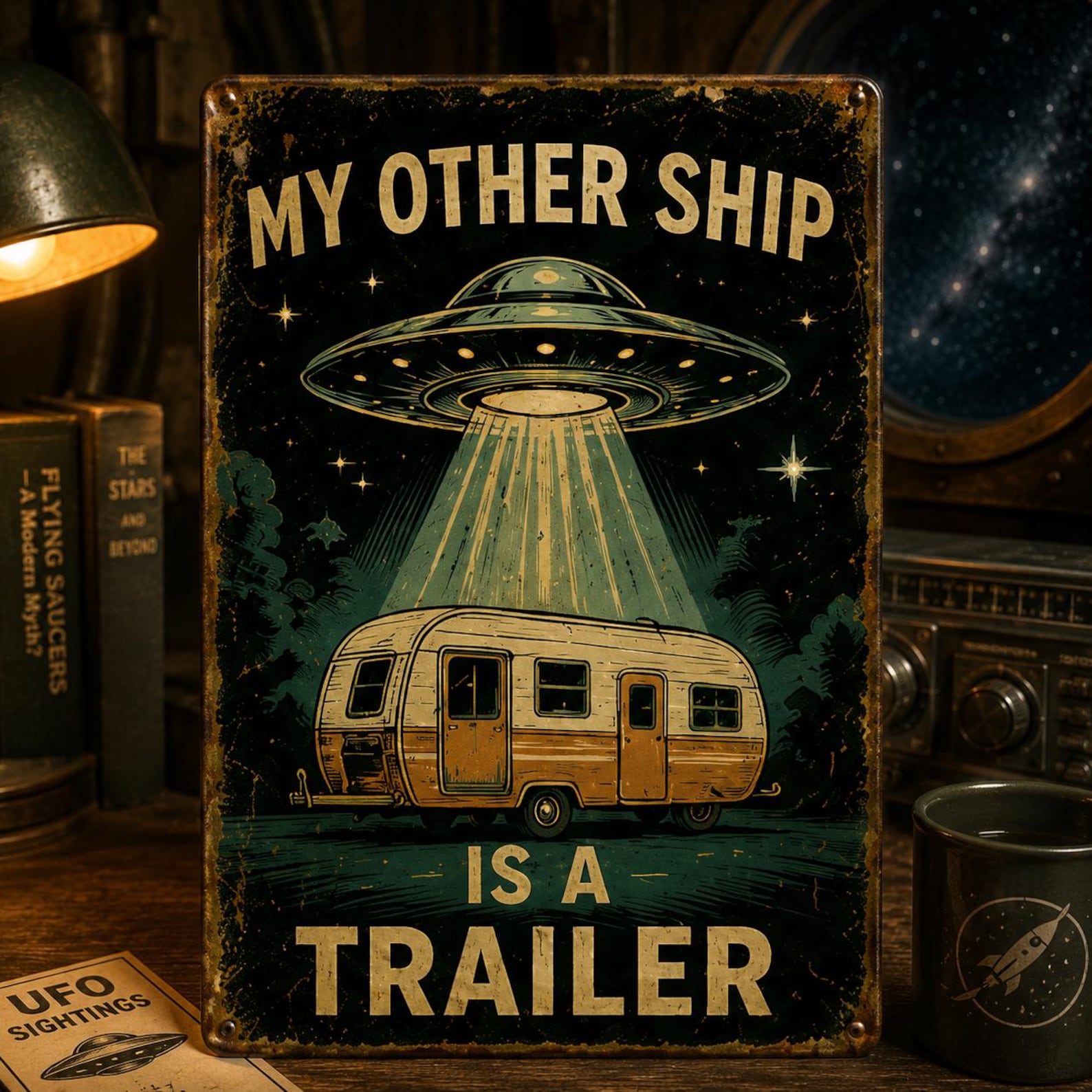 Retro Alien Invasion Metal Sign, Vintage UFO Space Decor, Funny Office Wall Plaque