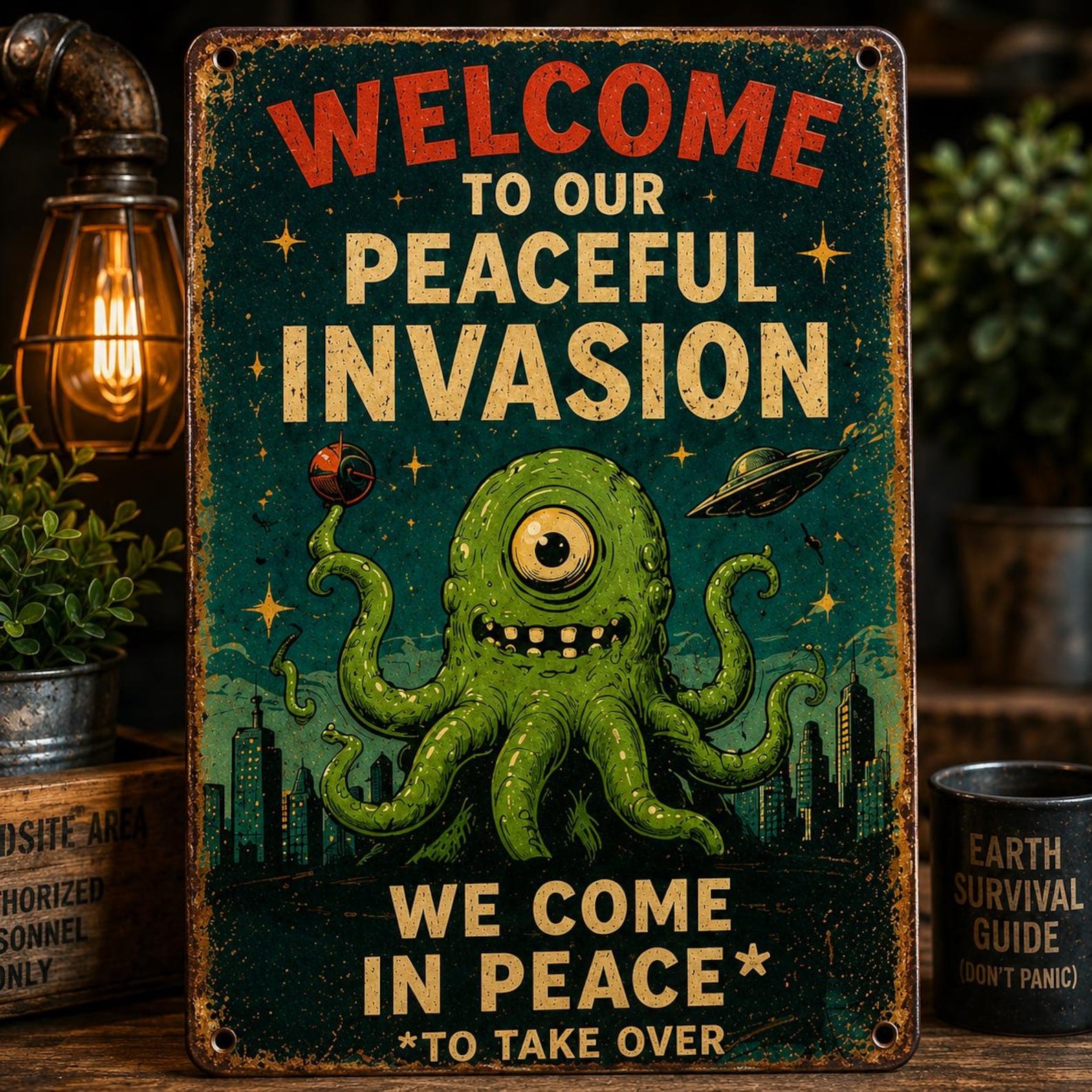 Retro Alien Invasion Metal Sign, Vintage UFO Space Decor, Funny Office Wall Plaque