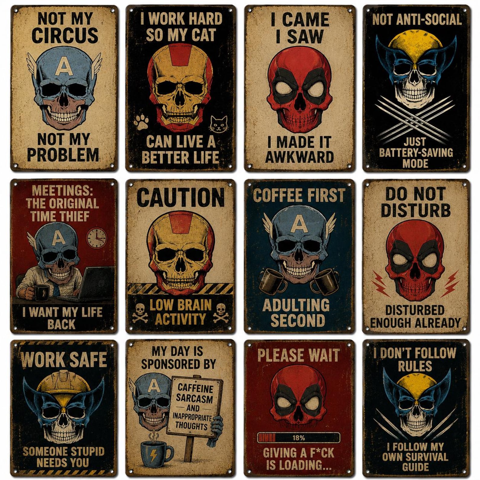 Superhero Skull Metal Sign, Sarcastic Office Wall Decor, Man Cave Art, Retro Tin Sign