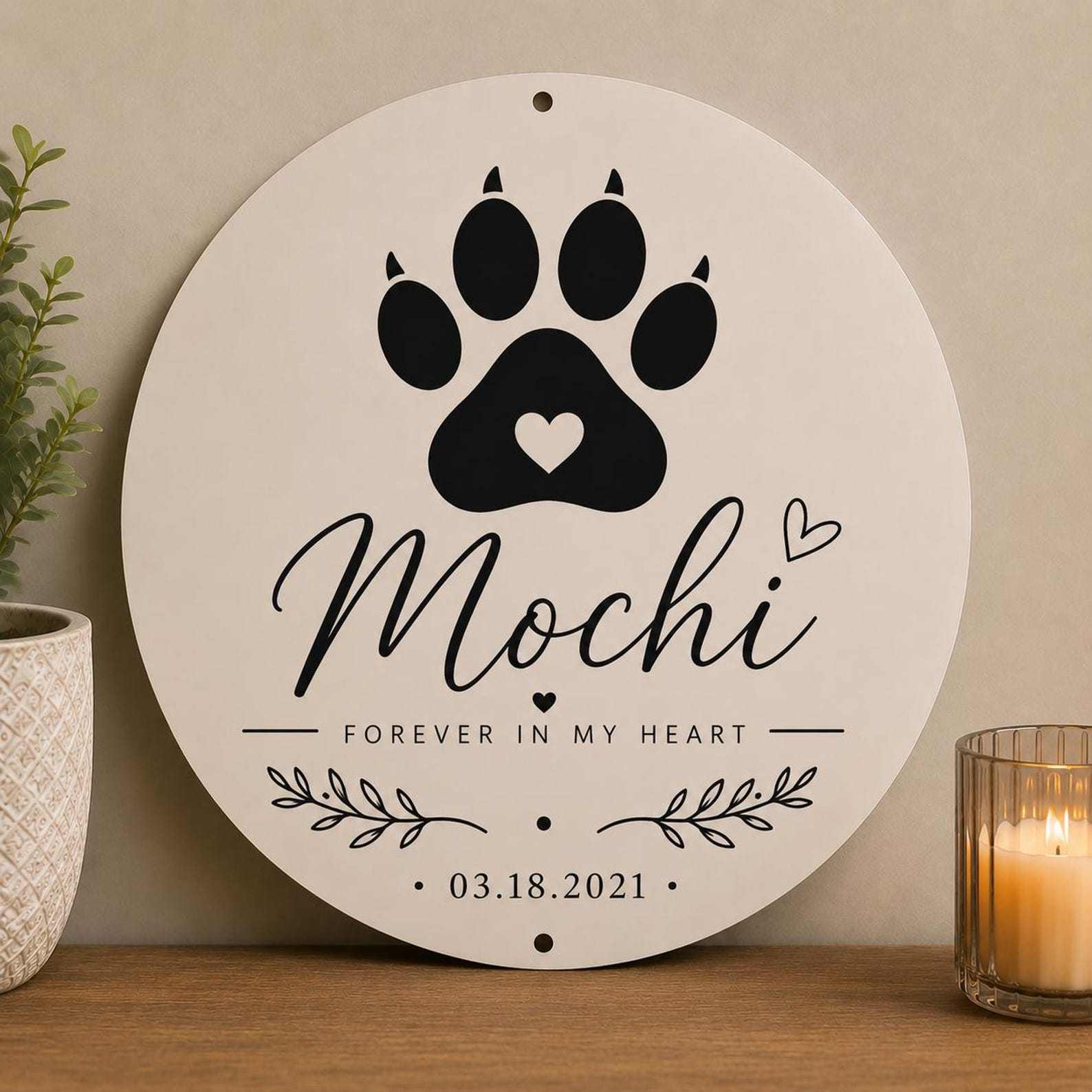 Personalized Pet Memorial Sign, Custom Paw Print Plaque, Heart Round (Aluminum)