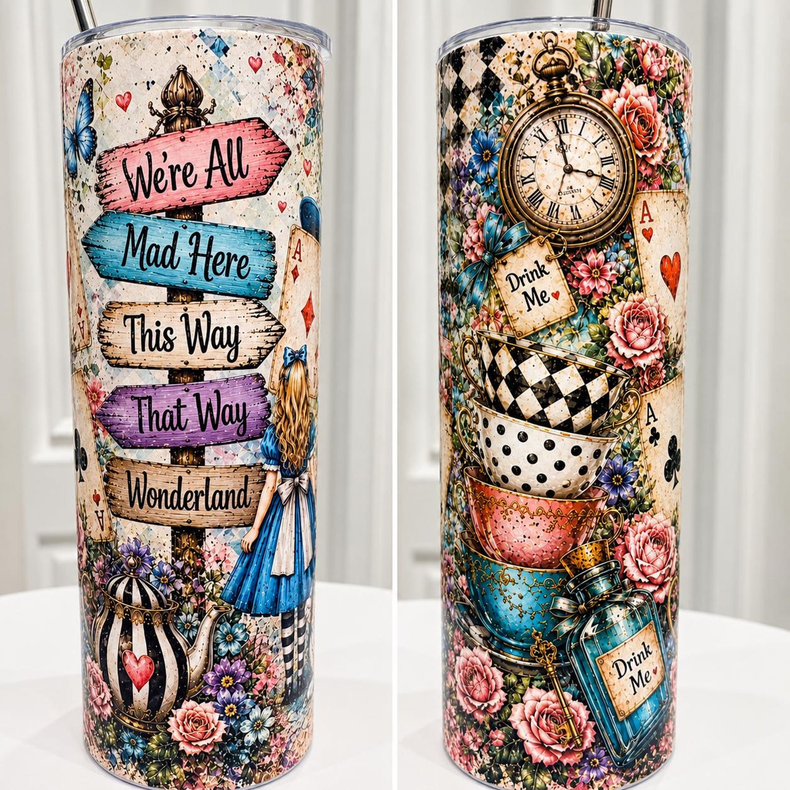 Wonderland 20 oz Skinny Tumbler, Alice Inspired Gift Cup with Lid and Straw
