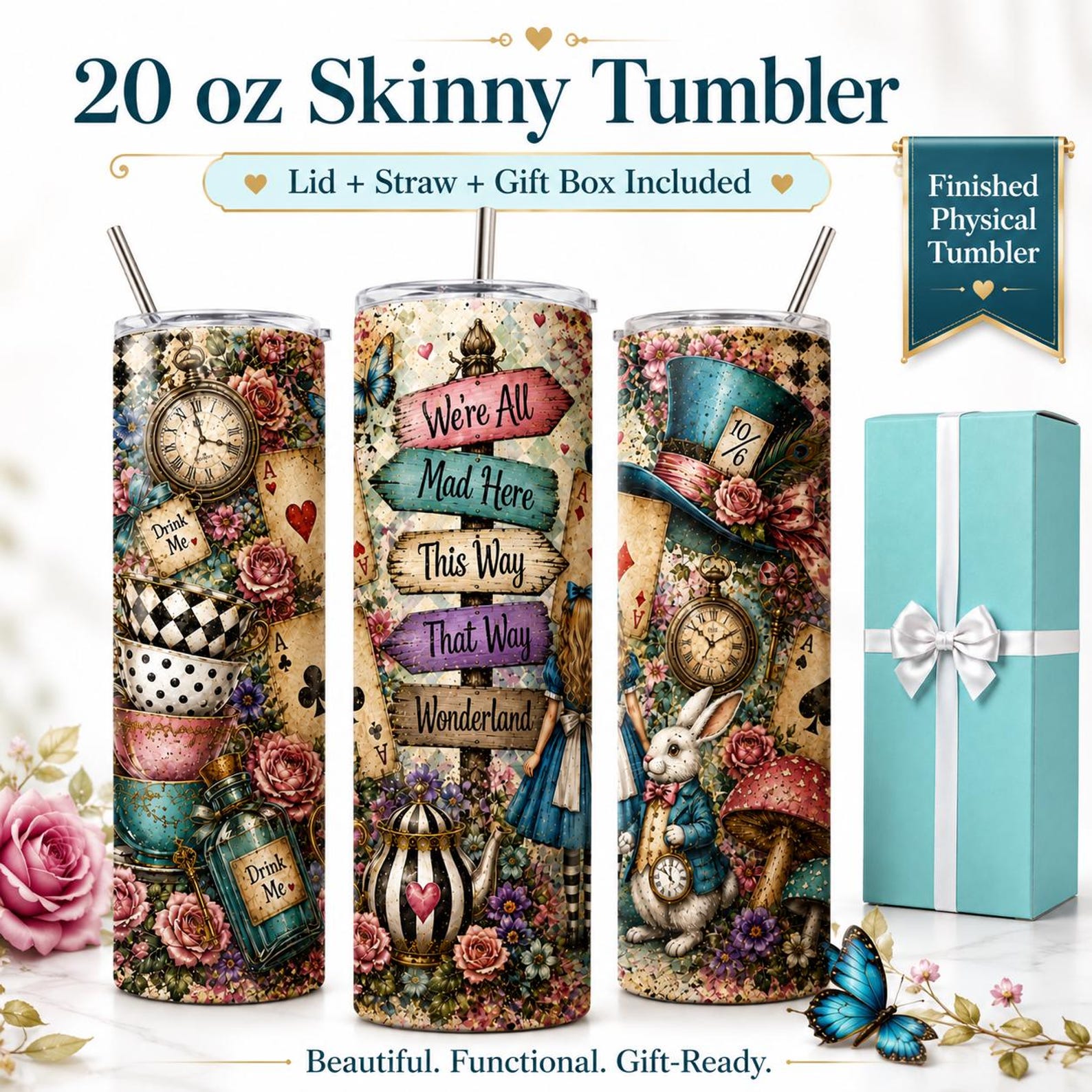Wonderland 20 oz Skinny Tumbler, Alice Inspired Gift Cup with Lid and Straw