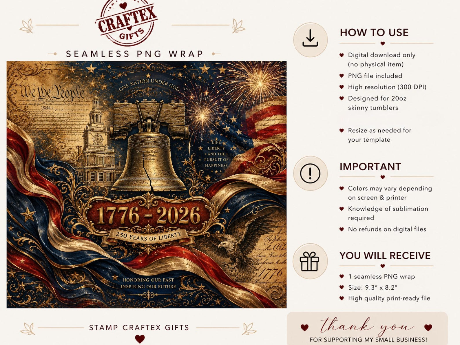 USA 250th Anniversary Tumbler Wrap PNG | 1776-2026 Patriotic 20oz Skinny Tumbler Design | Independence Day Sublimation
