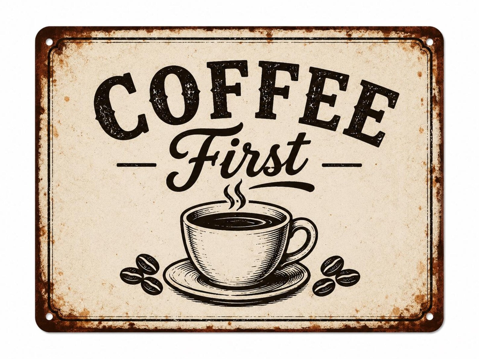 Coffee First – Vintage Metal Sign: Retro Coffee Bar Wall Decor, Rustic Cafe Kitchen Art