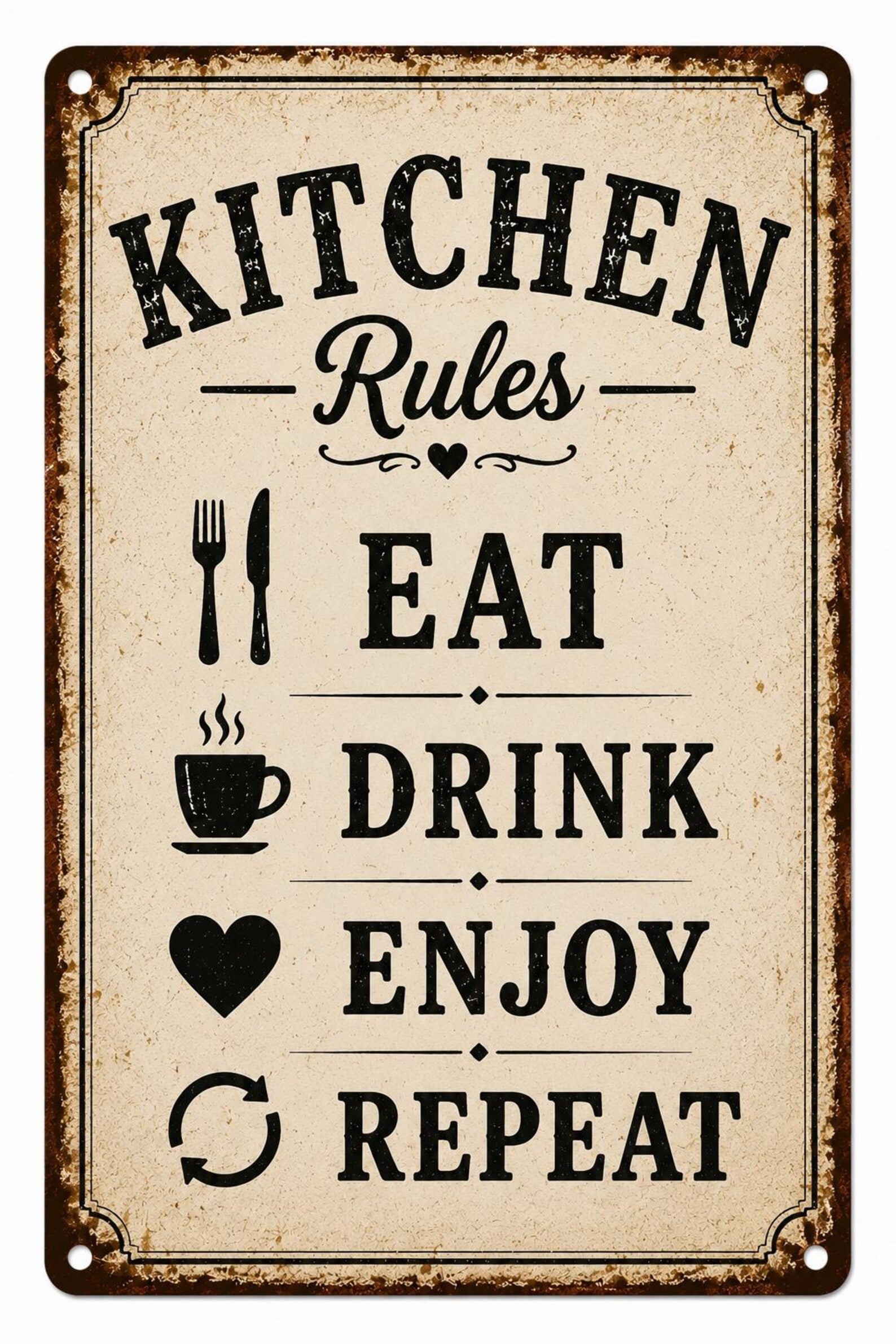 Kitchen Rules Metal Sign: Eat Drink Enjoy Repeat Farmhouse Wall Decor