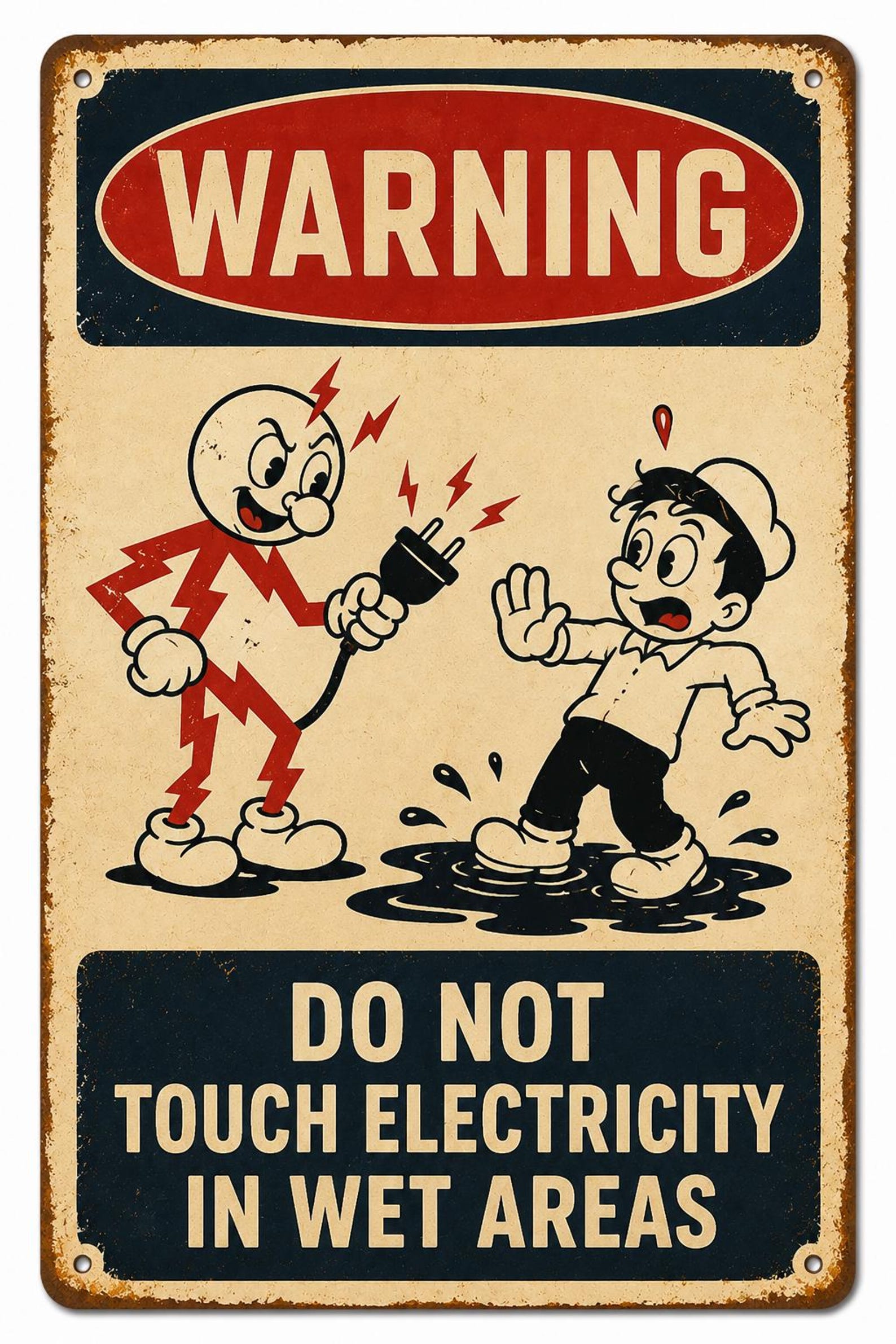 Warning Sign: Do Not Touch Electricity In Wet Areas, Vintage Electrical Safety Metal Decor