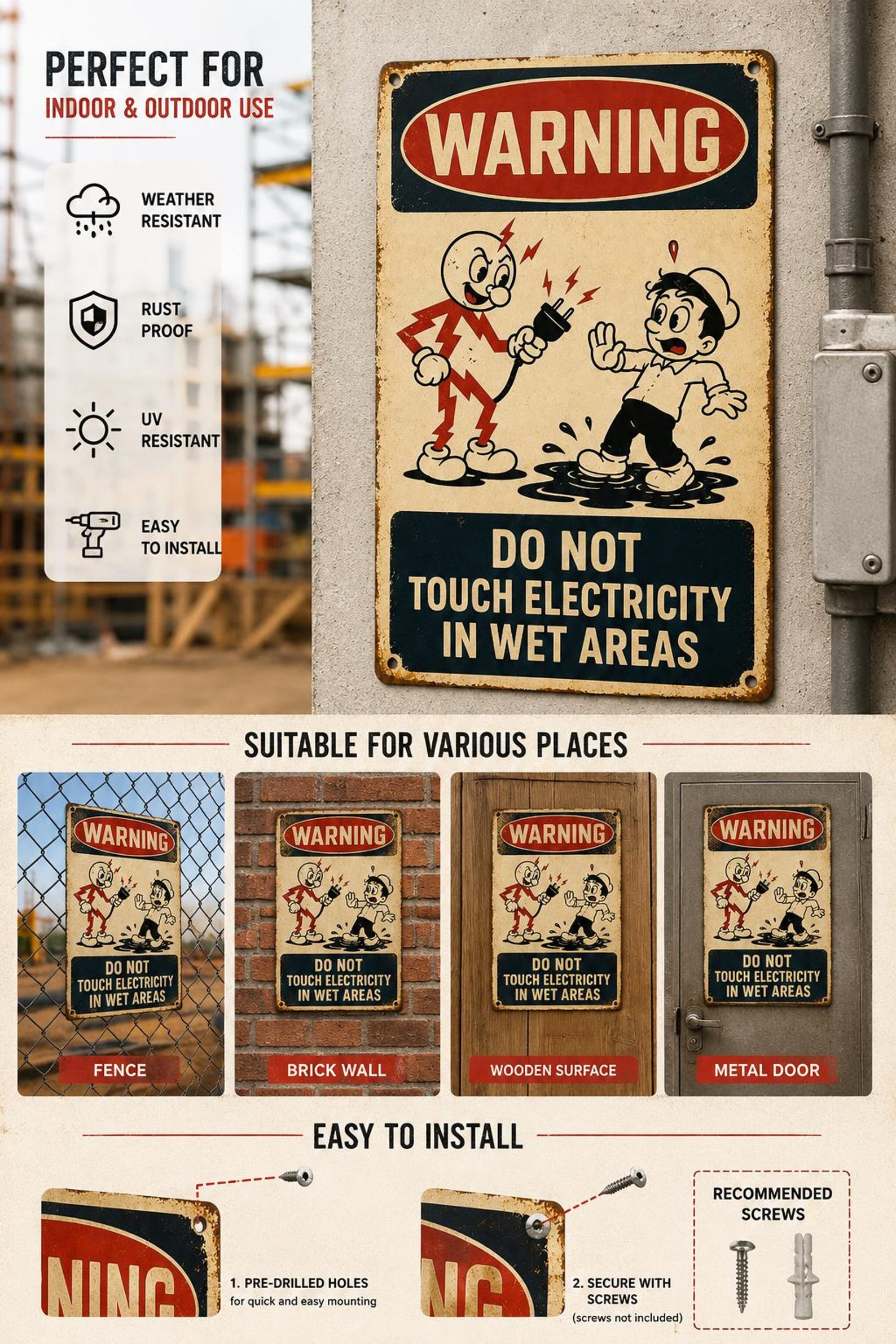 Warning Sign: Do Not Touch Electricity In Wet Areas, Vintage Electrical Safety Metal Decor