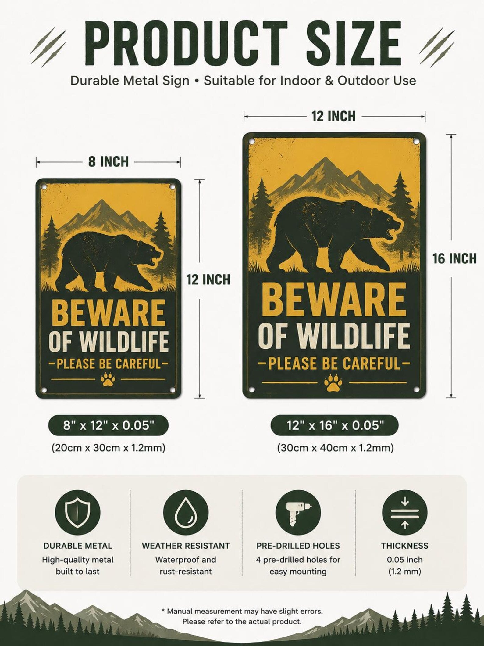 Metal Wildlife Sign: Bear Warning Rustic Cabin Decor, Forest Safety Wall Art