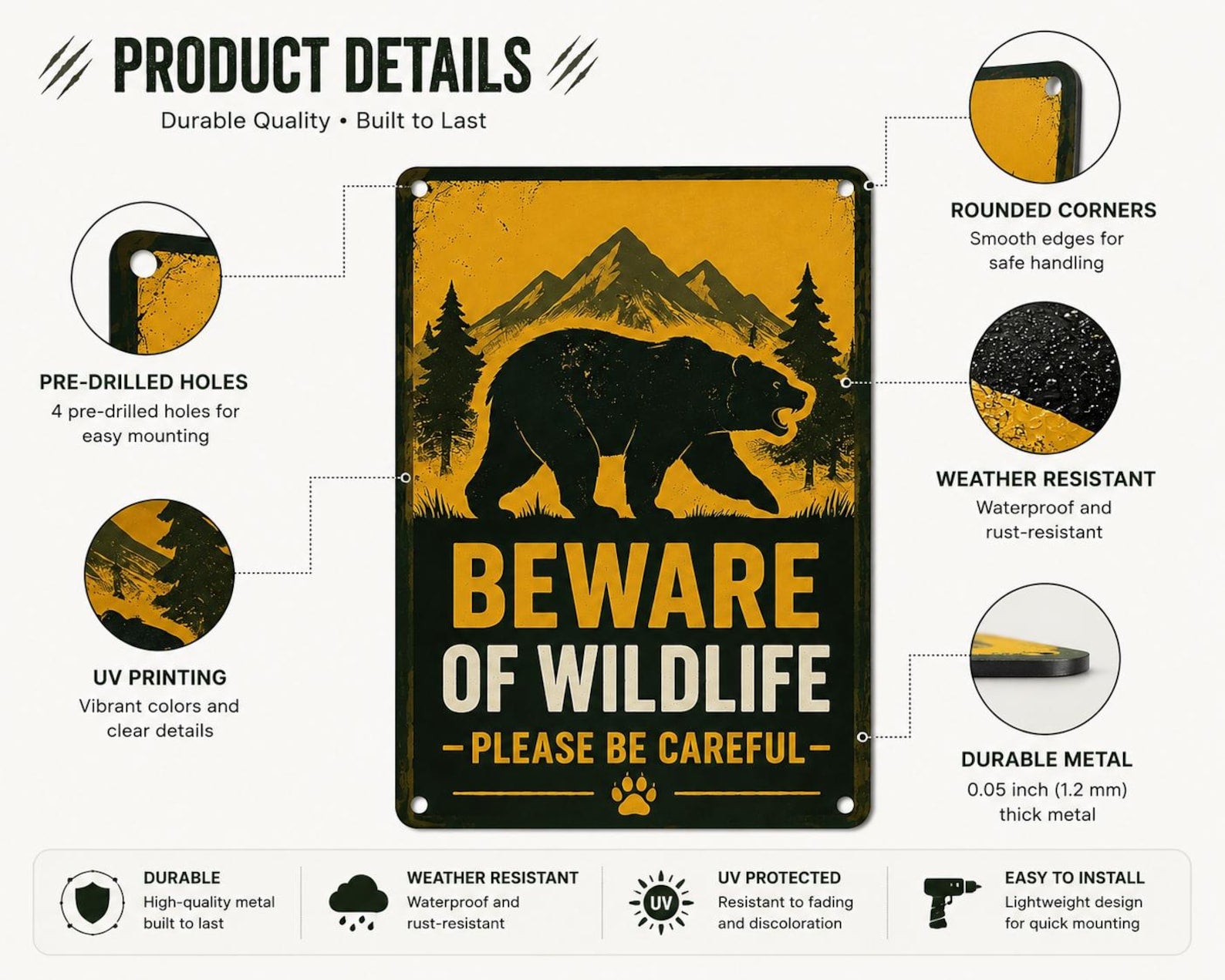 Metal Wildlife Sign: Bear Warning Rustic Cabin Decor, Forest Safety Wall Art