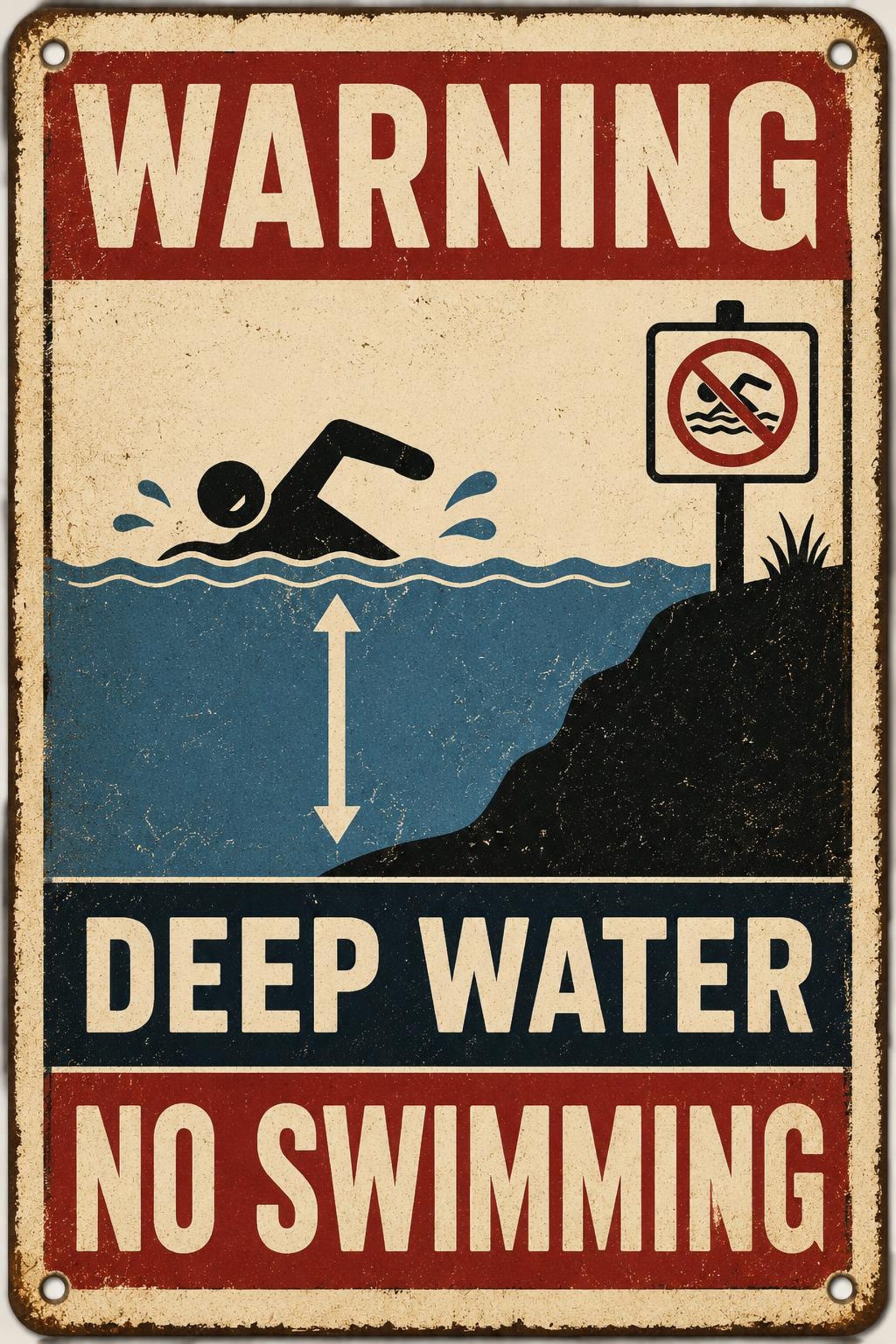 Deep Water No Swimming Metal Sign, Vintage Warning Decor
