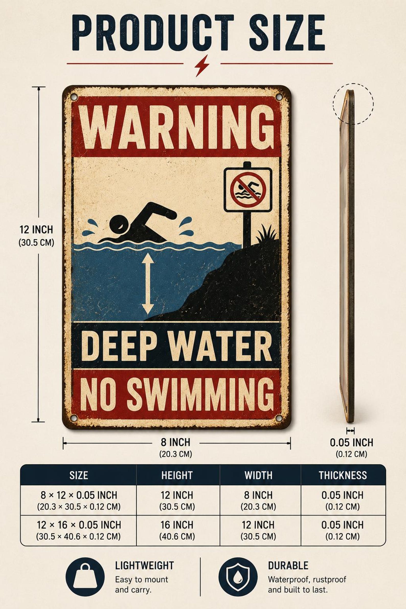 Deep Water No Swimming Metal Sign, Vintage Warning Decor