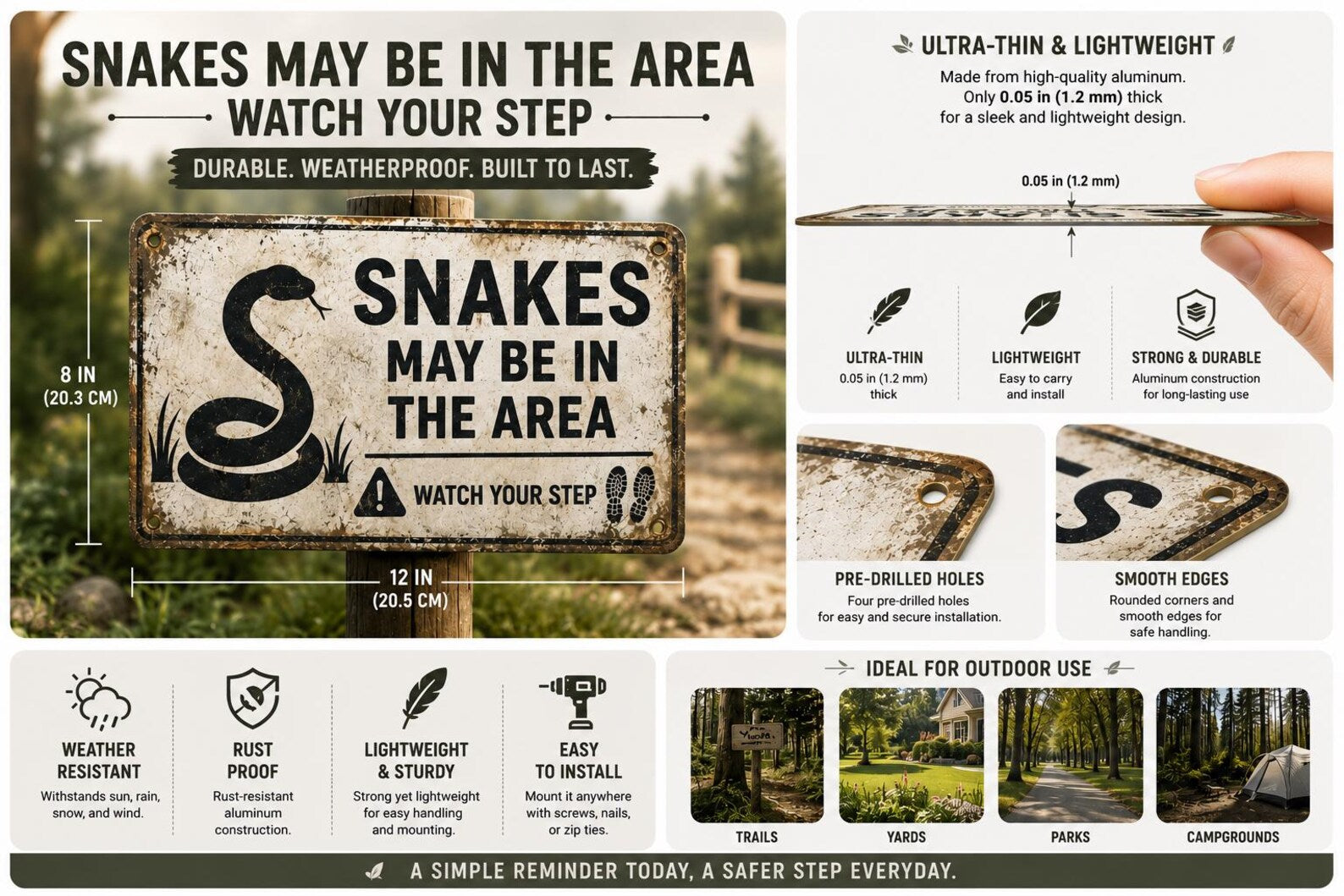 Snakes May Be In The Area Metal Sign: Rustic Wildlife Warning Decor